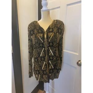 Vintage (circa 1983) Landmark 100% Silk Gold Beaded Jacket Made in India Size 2X